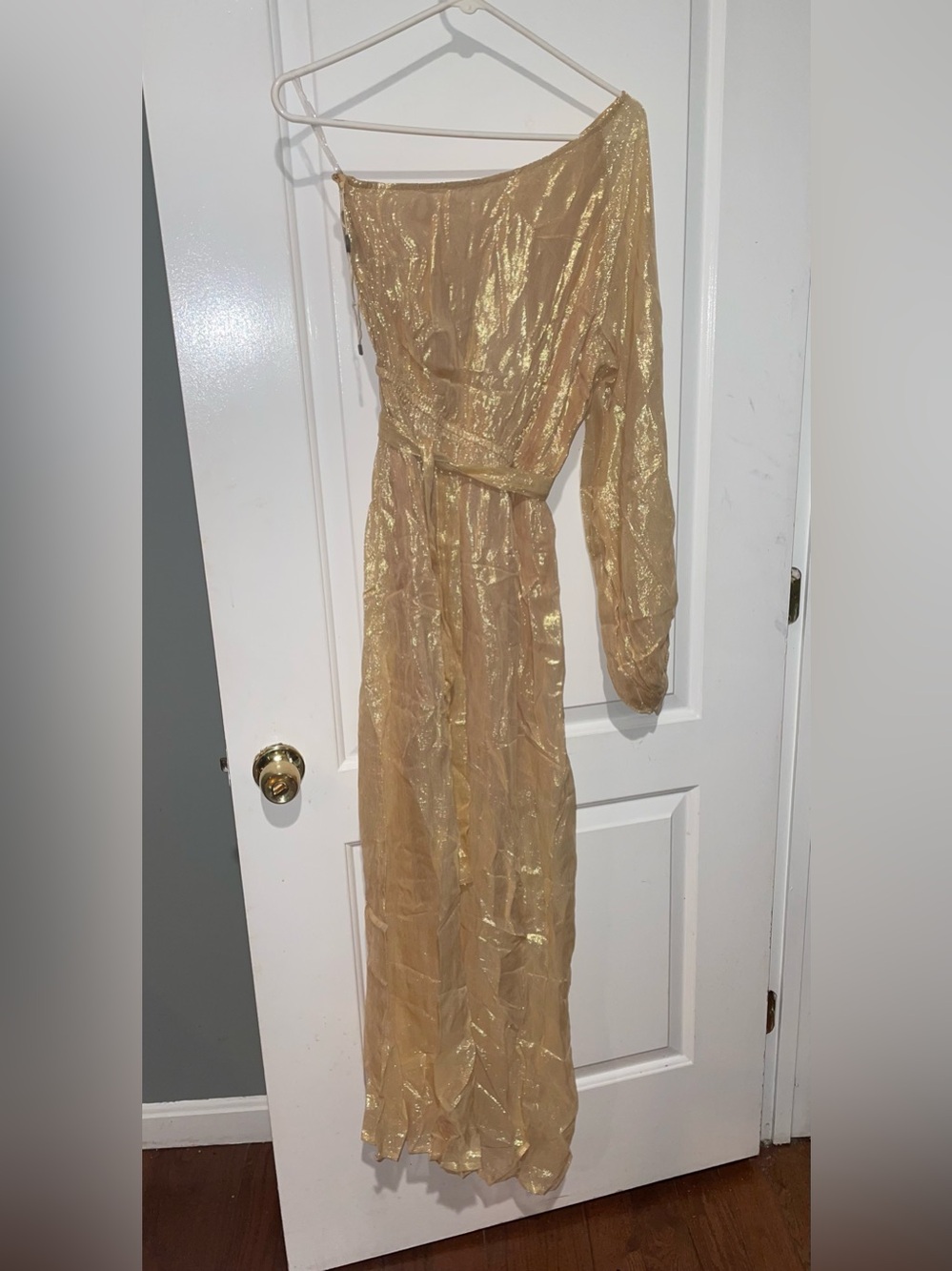 New! Sundress Doris  Belted One-Shoulder Shimmer Midi Dress in Gold 🌟 Small Tall - Picture 11 of 16